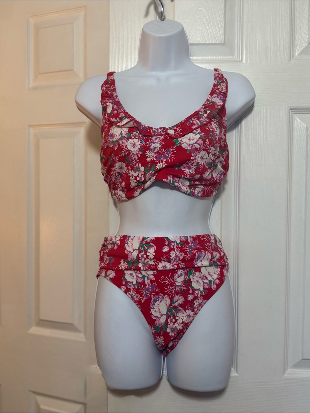 Red Floral High-Waist Bikini Set